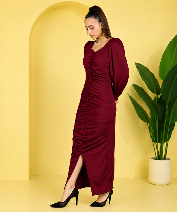 Sultry Sophistication Gathered Front Slit Bodycon Maxi Maroon Dress