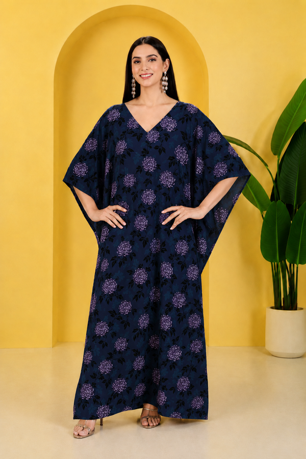 Floral Blossom Satin Kaftan – Elegant Floral Print Lounge & Resort Wear
