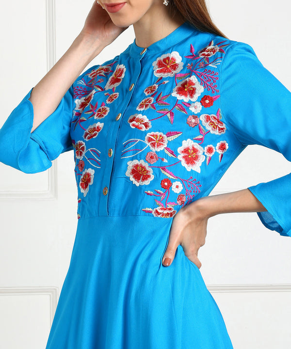 Women’s Floral Embroidered Anarkali Rayon Kurti Palazzo dupatta Set
