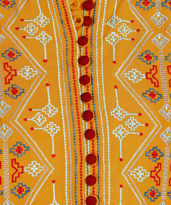 Women’s Embroidered Mustard Rayon Kurti Palazzo dupatta Set | Elegant Ethnic Co-ord Set