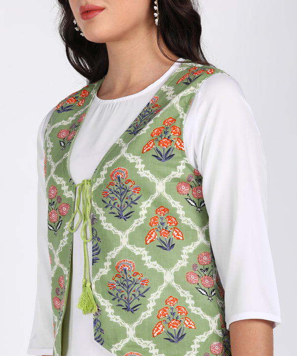 Women's White A-Line Kurta with Floral Printed Green Jacket & White Palazzo Set