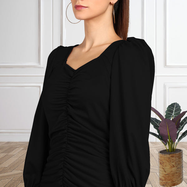 Sultry Sophistication Gathered Front Slit Bodycon Maxi Black Dress