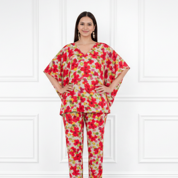 Women’s Floral Printed Kaftan Pant Co-Ord Set – Stylish & Comfortable Lounge Wear