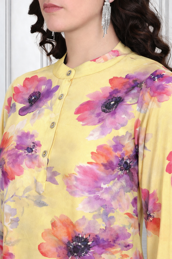 🌺 Floral print spandex kurti‑pant co‑ord set