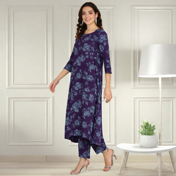 Floral Printed Spandex Kurti Pant Co-Ord Set for Women | Stretchable & Stylish Ethnic Wear