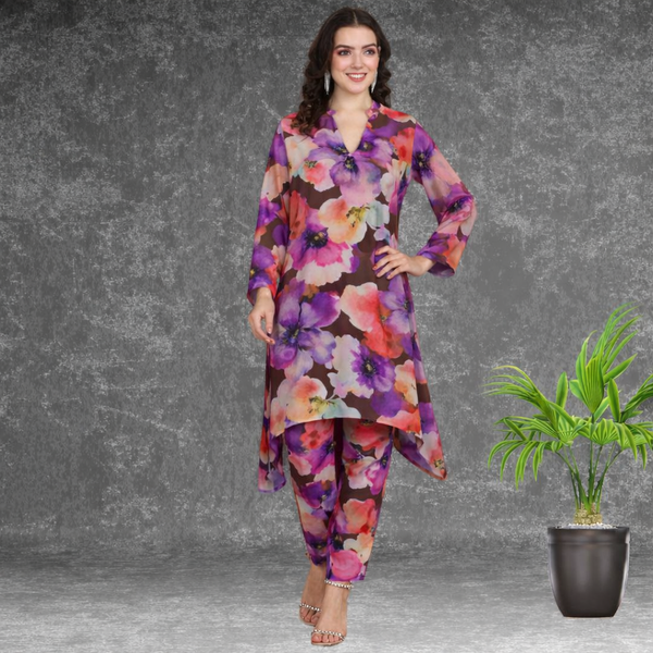 🌸 Floral Print Spandex Kurti Pant Co-Ord Set 🌸