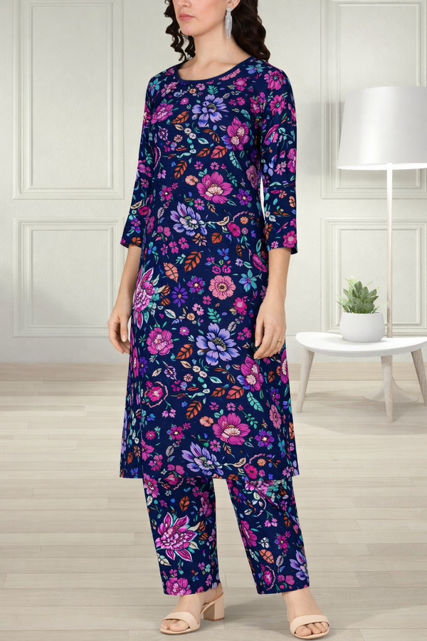 Floral Printed Spandex Kurti Pant Co-Ord Set for Women | Stretchable & Stylish Ethnic Wear