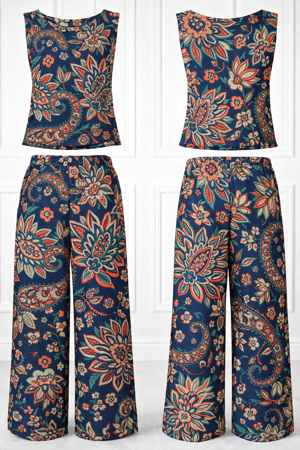 Spandex Floral Print Crop Top & Pant Co-Ord Set for Women