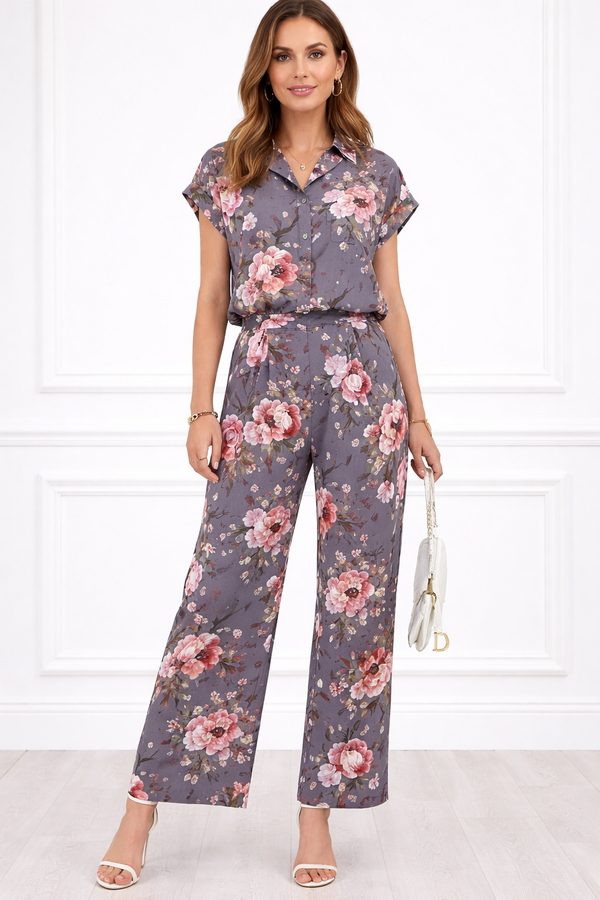 Women’s Floral Printed Spandex Short Sleeve Shirt & Pant Co-Ord Set 🌺