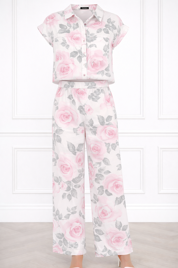Women’s Floral Printed Spandex Short Sleeve Shirt & Pant Co-Ord Set 🌺