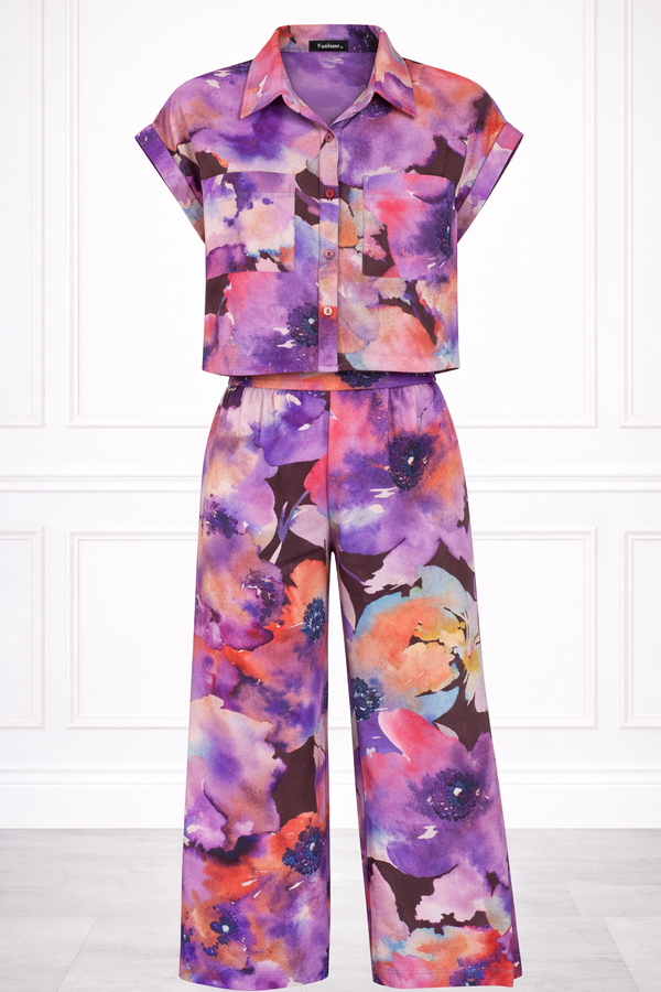 Women’s Floral Printed Spandex Short Sleeve Shirt & Pant Co-Ord Set 🌺
