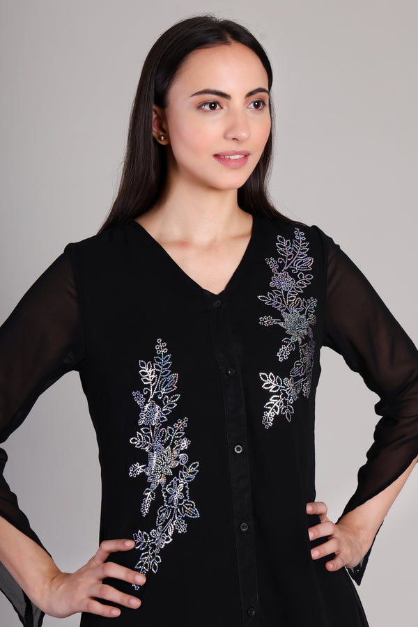 Women's Sequins Motifs Embellished Georgette Frilled Set