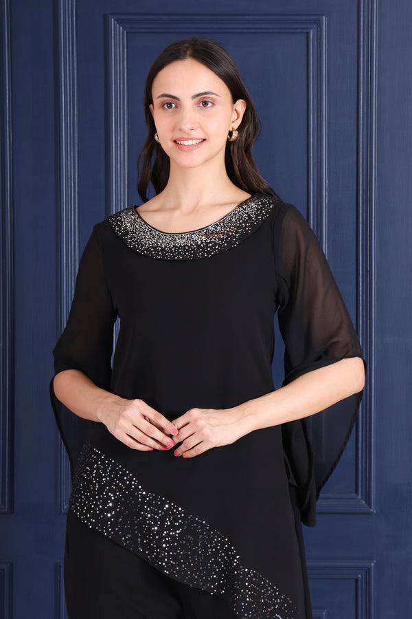 Women's Sequins Motifs Embellished Asymmetric Kurti Pant Set