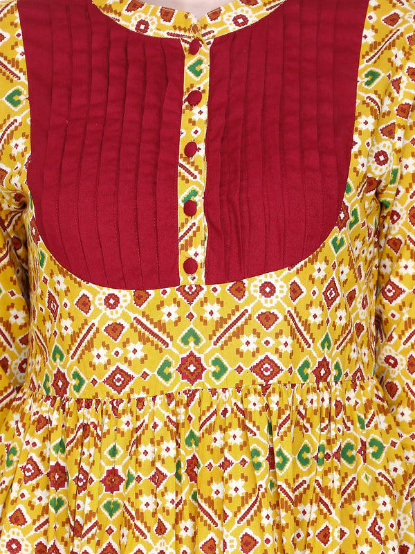 Women's Mustard Printed Cotton Kurti Pant Dupatta Set