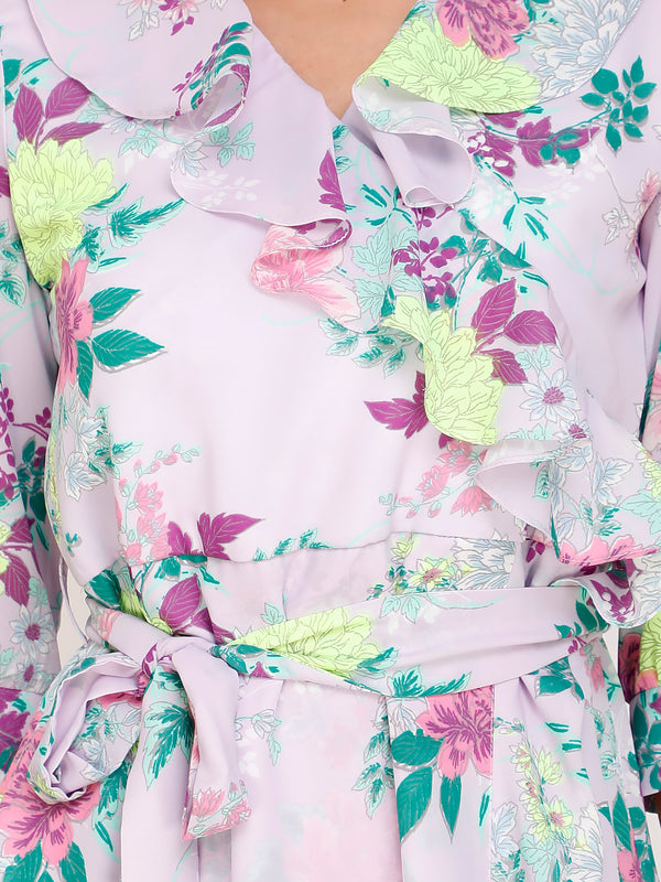 Floral Knee-Length Lavander Georgette Dress