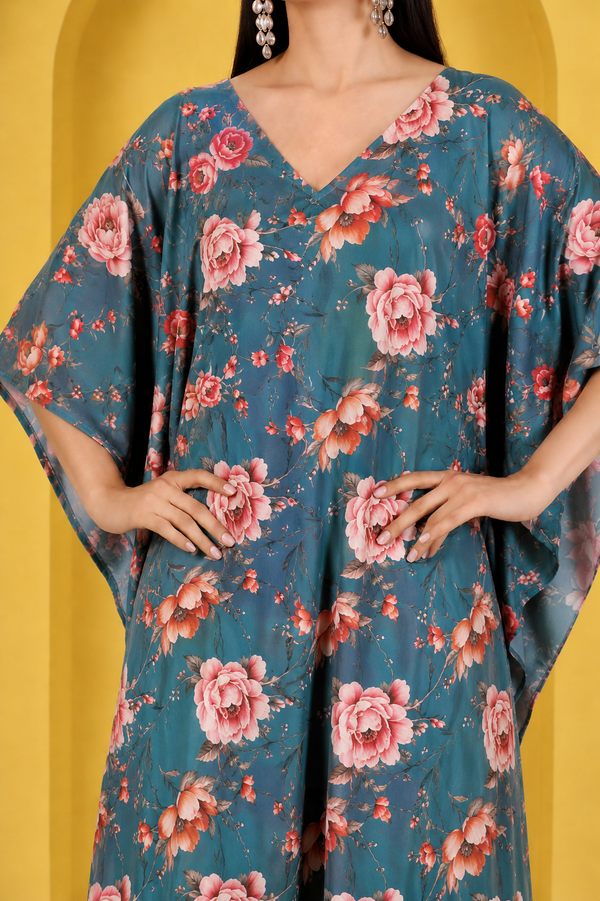 Blue Floral Satin Kaftan – Elegant Floral Print Lounge & Resort Wear