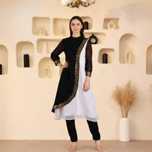 Women's Sequins Motifs Embellished Georgette Colour Block Kurti Pant Set
