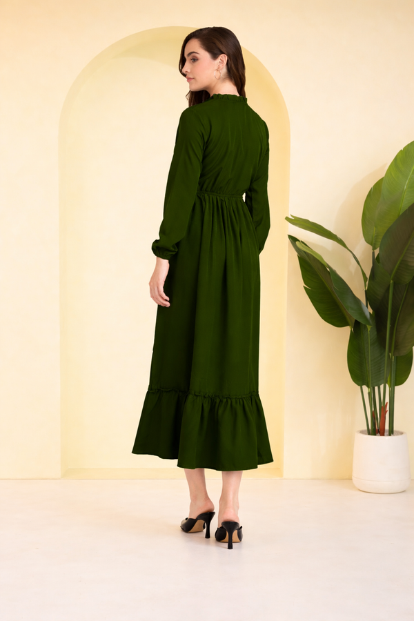 Frilled Allure Ankle-Length Spandex Olive Green Dress