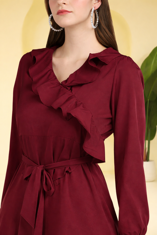 Frilled Ankle-Length Polyester Dress