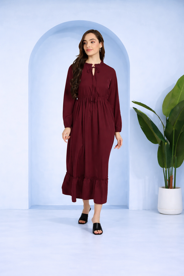Frilled Allure Ankle-Length Maroon Spandex Dress