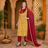 Women's Mustard Printed Cotton Kurti Pant Dupatta Set