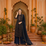 Navy Blue Printed Cotton Kurti with Rayon Palazzo Pants & Dupatta Set