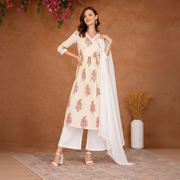 Ethnic Cotton Printed Angrakha Kurti Palazzo Set for Women