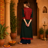 Women's Dark Green A-Line Kurti with Printed Jacket & Palazzo Set
