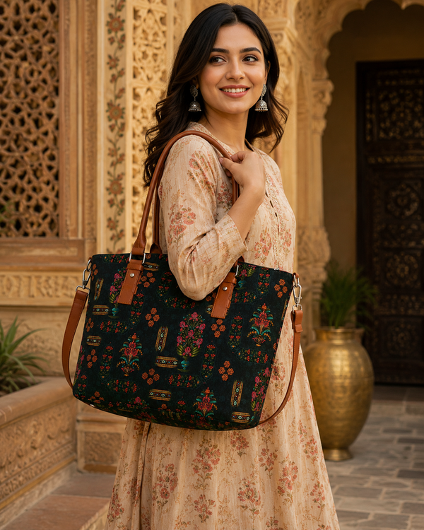 Ethnic Floral Motifs Print Canvas Tote Bag