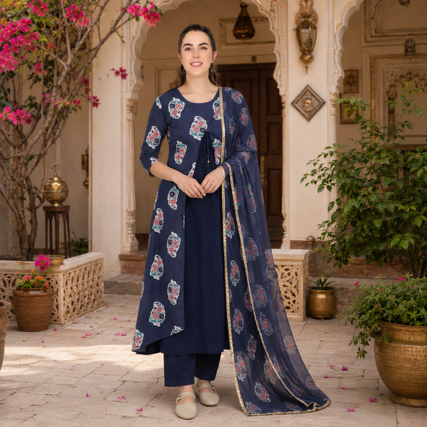 Ethnic Print Cape Kurti pant dupatta Set