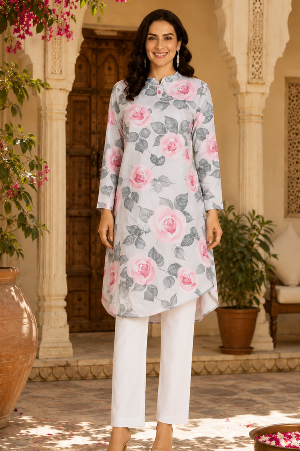 🌺 Floral print spandex kurti‑pant co‑ord set