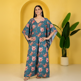 Blue Floral Satin Kaftan – Elegant Floral Print Lounge & Resort Wear