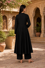 🌸 Women's Navy Blue Rayon Embroidered High-Low Kurta Palazzo Set