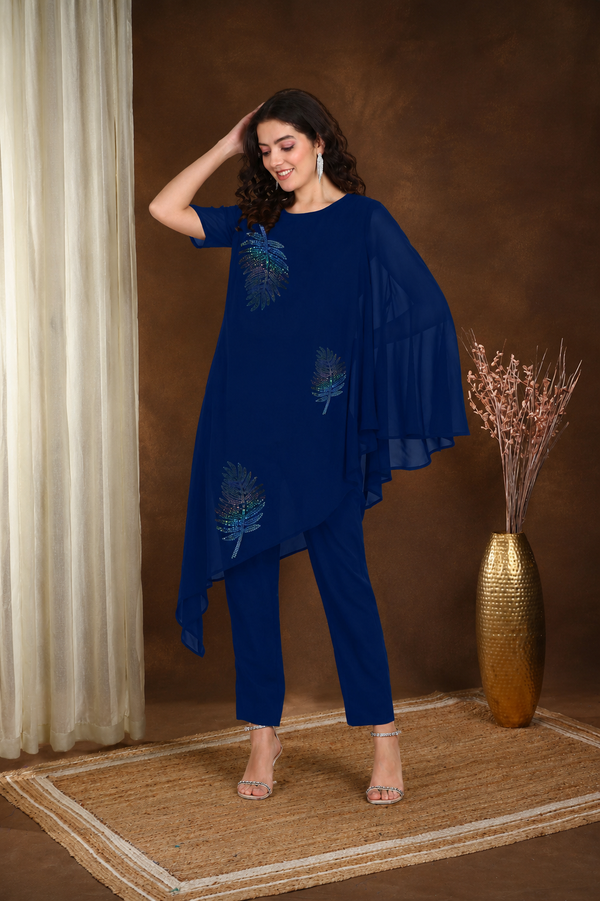 Women's Sequins Motifs Embellished Asymmetric Kurti Pant Set