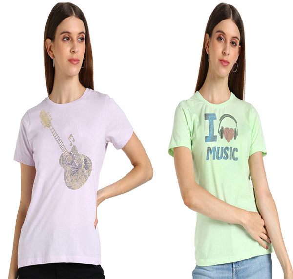 Women’s Cotton Sequin Motifs T-Shirt Combo Pack of 2