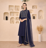 Women’s Geometric Embroidered Rayon Kurti Palazzo dupatta 3 pc Set
