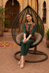 Women's Dark Green Rayon A-Line Kurti with Printed Ethnic Jacket & Matching Pants Set