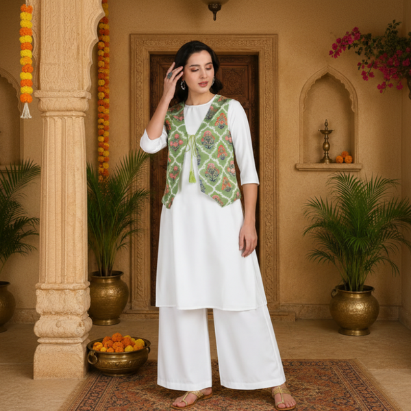 Women's White A-Line Kurta with Floral Printed Green Jacket & White Palazzo Set
