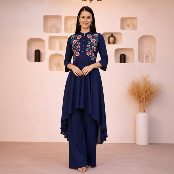 🌸 Women's Navy Blue Rayon Embroidered High-Low Kurta Palazzo Set