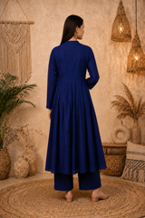🌸 Women's Navy Blue Rayon Embroidered High-Low Kurta Palazzo Set