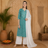 🌸 Ethnic Cotton Printed Kurti Palazzo Set for Women
