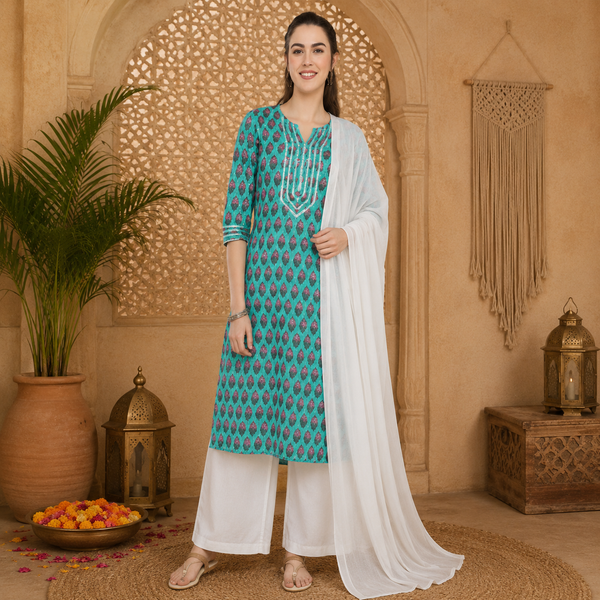 🌸 Ethnic Cotton Printed Kurti Palazzo Set for Women