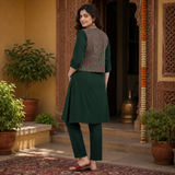 Elegant Dark Green Kurti Pant Set with Embroidered Jacket