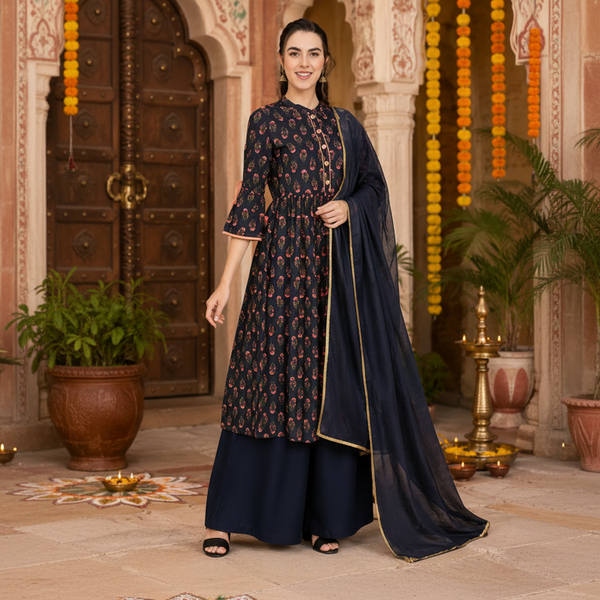 Navy Blue Printed Cotton Kurti with Rayon Palazzo Pants & Dupatta Set