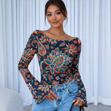 🌸 Floral Printed Spandex Top with Bell Sleeves 🌸