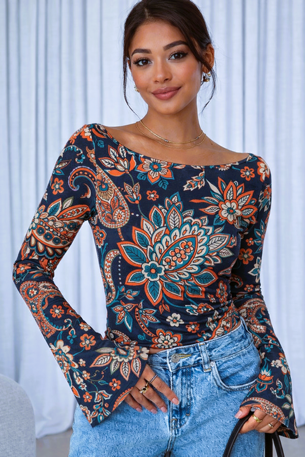 🌸 Floral Printed Spandex Top with Bell Sleeves 🌸
