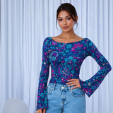 🌸 Floral Printed Spandex Top with Bell Sleeves 🌸