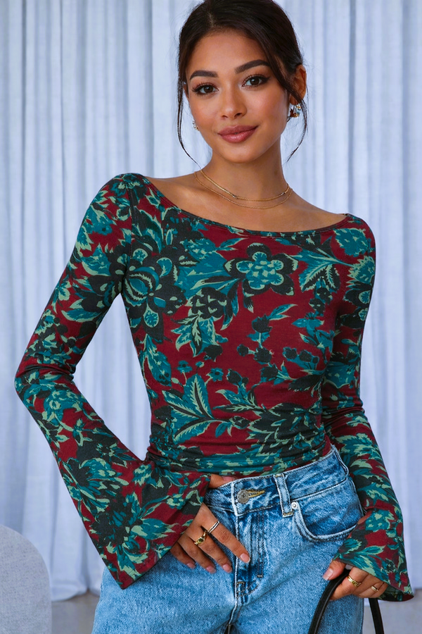 🌸 Floral Printed Spandex Top with Bell Sleeves 🌸
