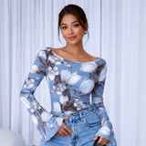 🌸 Floral Printed Spandex Top with Bell Sleeves 🌸