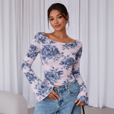 🌸 Floral Printed Spandex Top with Bell Sleeves 🌸